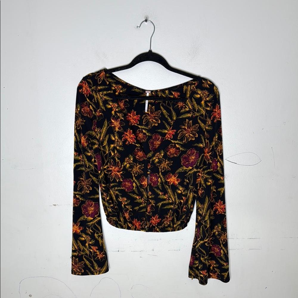 Free People Black Floral Long Bell Sleeve Crop Blouse Size XS